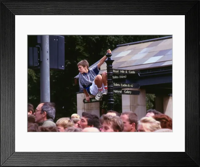 Framed Print : Edinburgh Festival August 1989 Boy on top of sign post Framed Print : Edinburgh Festival August 1989 Boy on top of sign post