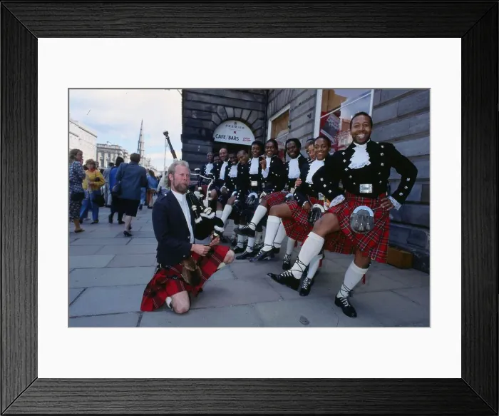 Framed Print : Edinburgh Festival August 1989 Black Theatre Company with piper Sandy Davidson Framed Print : Edinburgh Festival August 1989 Black Theatre Company with piper Sandy Davidson
