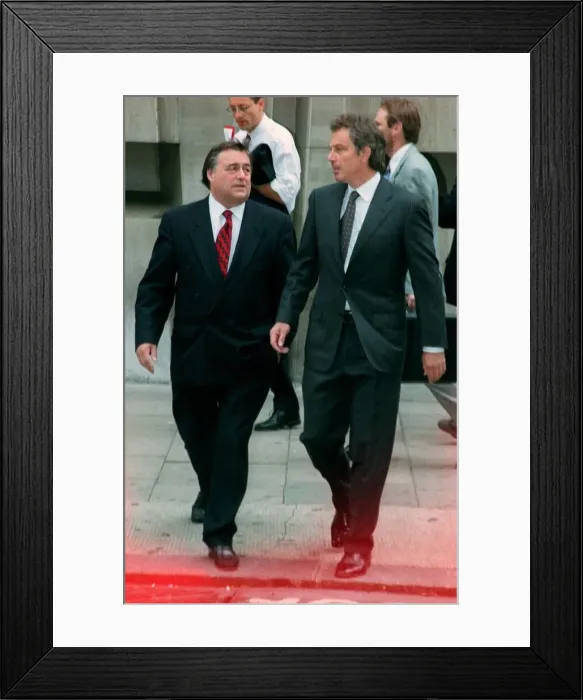Framed Print : John Prescott Deputy PM with Tony Blair PM July 1999 as they arrive together Framed Print : John Prescott Deputy PM with Tony Blair PM July 1999 as they arrive together
