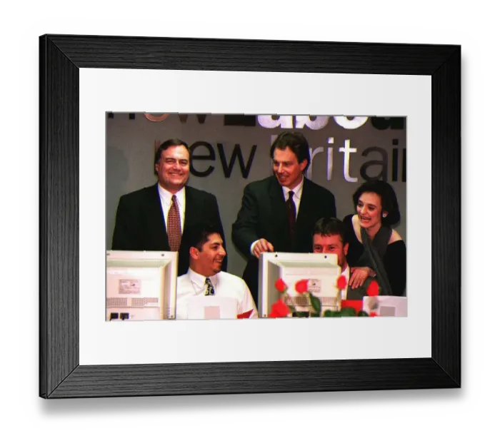 Framed Print : Tony Blair with wife Cherie and Deputy Leader John Prescott showing their delight