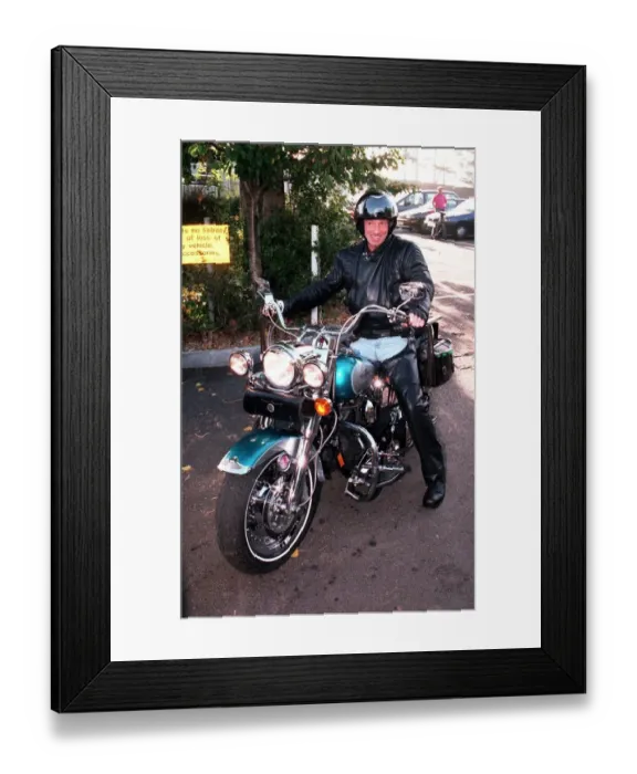 Framed Print : Lord Brocket a polo-playing pal of Prince Charles riding his 1300cc Harley Davidson bike