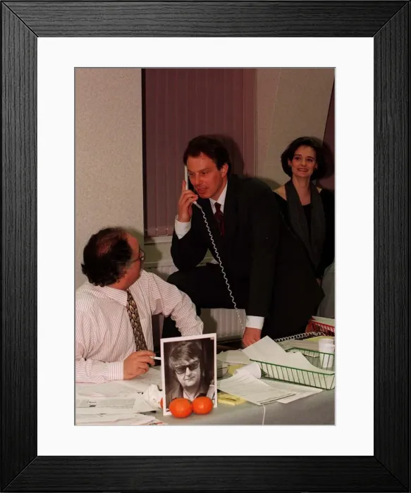 Framed Print : Tony Blair on the telephone at Walworth Road HQ as the first results of the Local