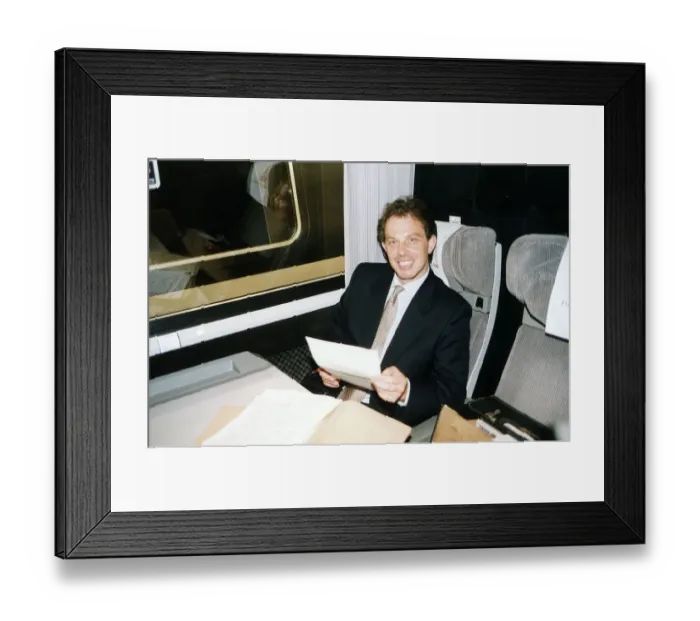 Framed Print : Tony Blair Labour MP sitting on train July 1994 Framed Print : Tony Blair Labour MP sitting on train July 1994