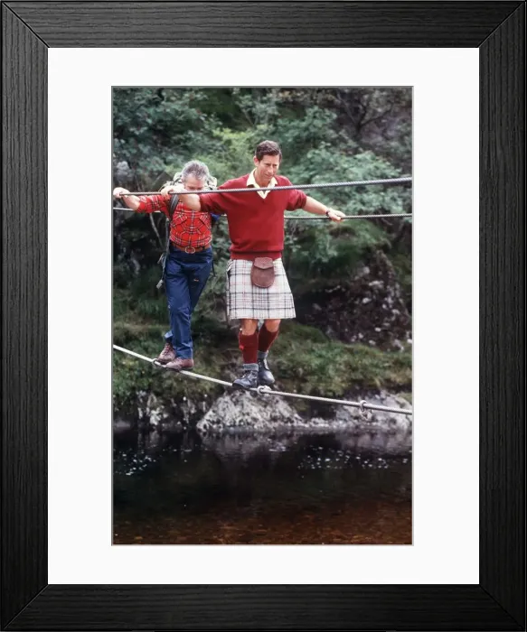 Framed Print : Prince Charles August 1987 walking tightrope at Glen Coe and River Nevis Scotland