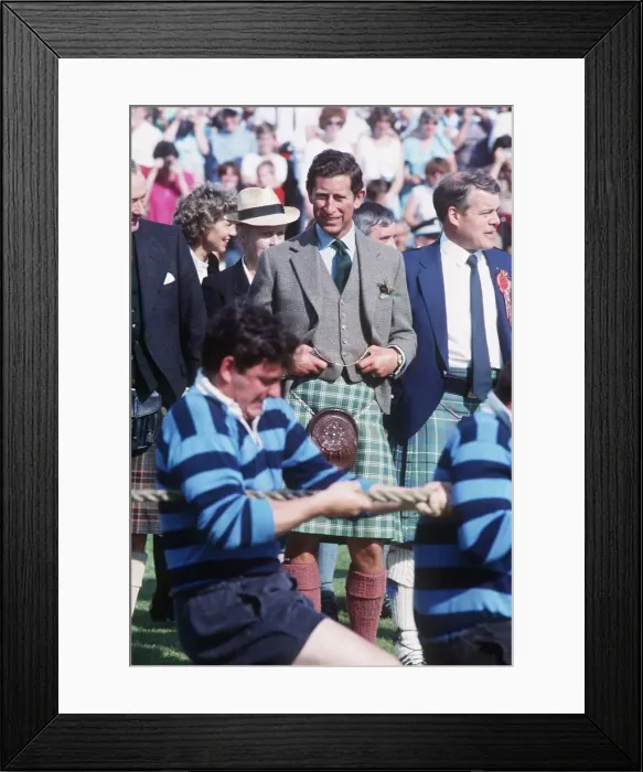 Framed Print : Prince Charles watching the tug of war at the Braemar Highland Games September 1989 Framed Print : Prince Charles watching the tug of war at the Braemar Highland Games September 1989