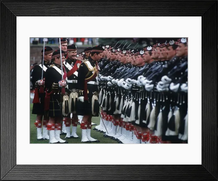 Framed Print : Prince Charles inspecting the ranks in full Scottish military outfit July 1988 Framed Print : Prince Charles inspecting the ranks in full Scottish military outfit July 1988