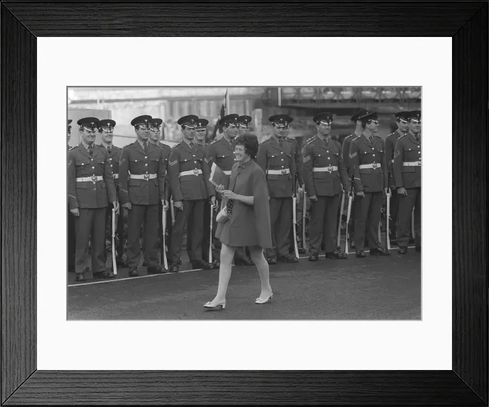 Framed Print : Investiture rehearsals. Soldiers smile as a lady in a mine dress Framed Print : Investiture rehearsals. Soldiers smile as a lady in a mine dress
