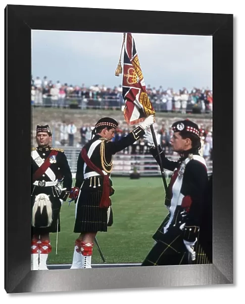 Prince Charles with standard flag in full Scottish military outfit July 1988