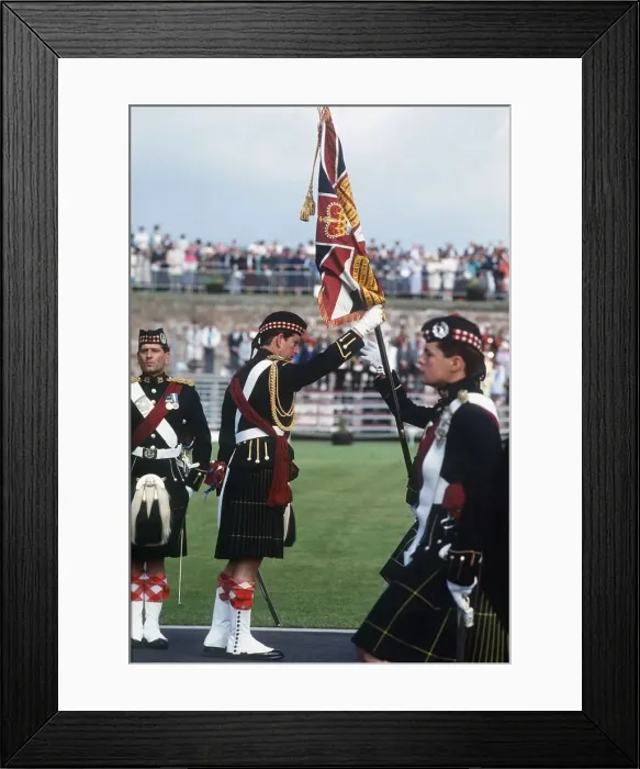 Framed Print : Prince Charles with standard flag in full Scottish military outfit July 1988 Framed Print : Prince Charles with standard flag in full Scottish military outfit July 1988
