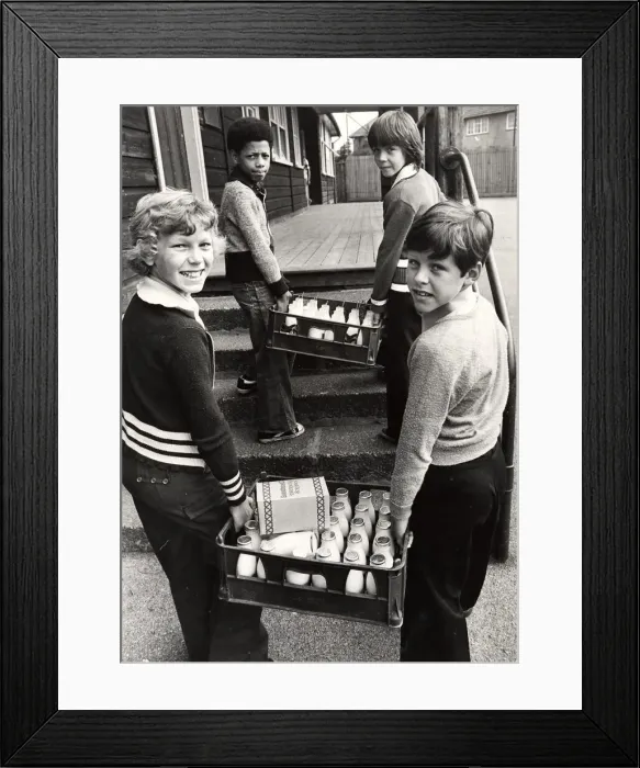 Framed Print : Delivering milk to the classrooms at Gunter Road Junior School, Pype Hays erdington Framed Print : Delivering milk to the classrooms at Gunter Road Junior School, Pype Hays erdington