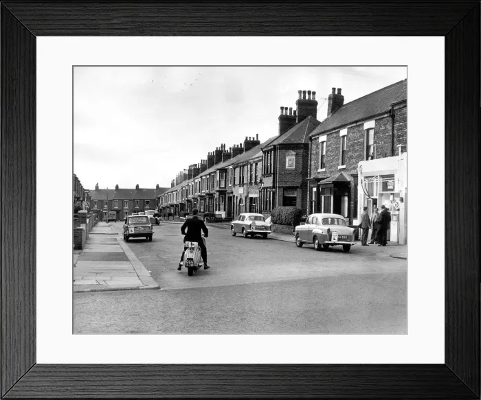 Framed Print : A learner tries to get his scooter started in Ada Street, South Shields, 1959