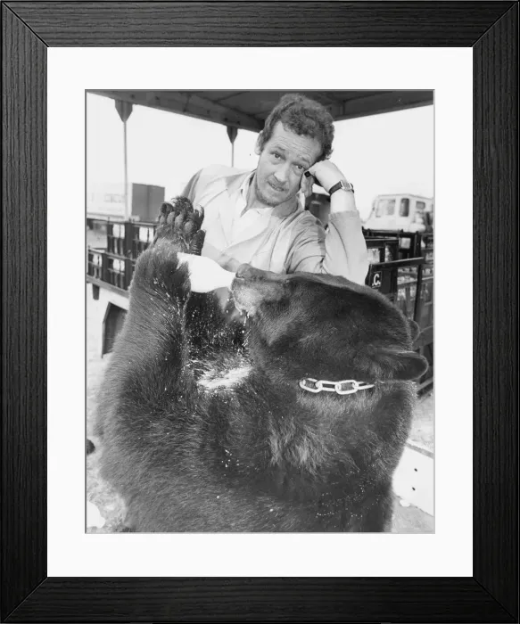 Framed Print : Milkman Tommy Leonard helps Rita the Bear with her daily pint of milk at Gandley