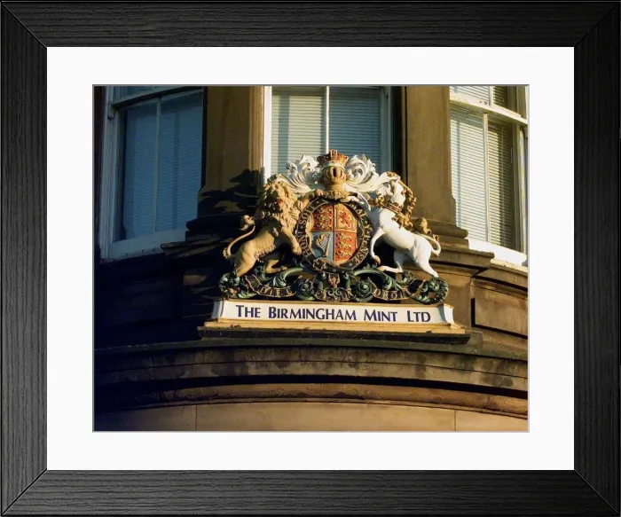 Framed Print : Detail on exterior of the Birmingham Mint in Icknield Street, Birmingham. 1999 Framed Print : Detail on exterior of the Birmingham Mint in Icknield Street, Birmingham. 1999
