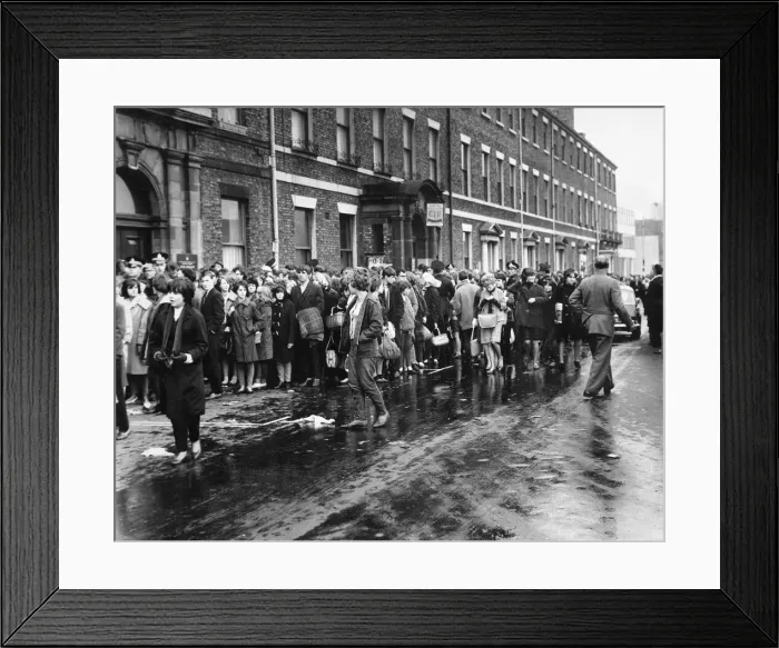 Framed Print : Beatles fans queued outside Framed Print : Beatles fans queued outside