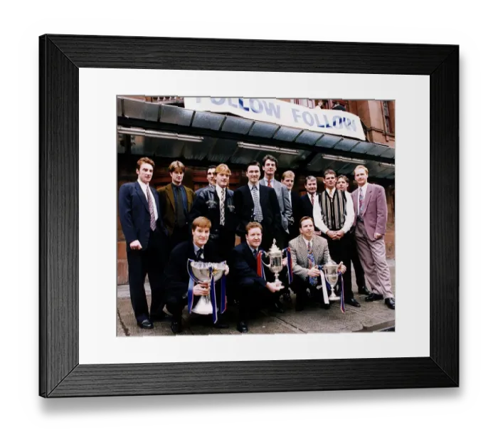 Framed Print : Rangers FC Team outside Kings Theatre Glasgow at Follow Follow play on pavment line-up