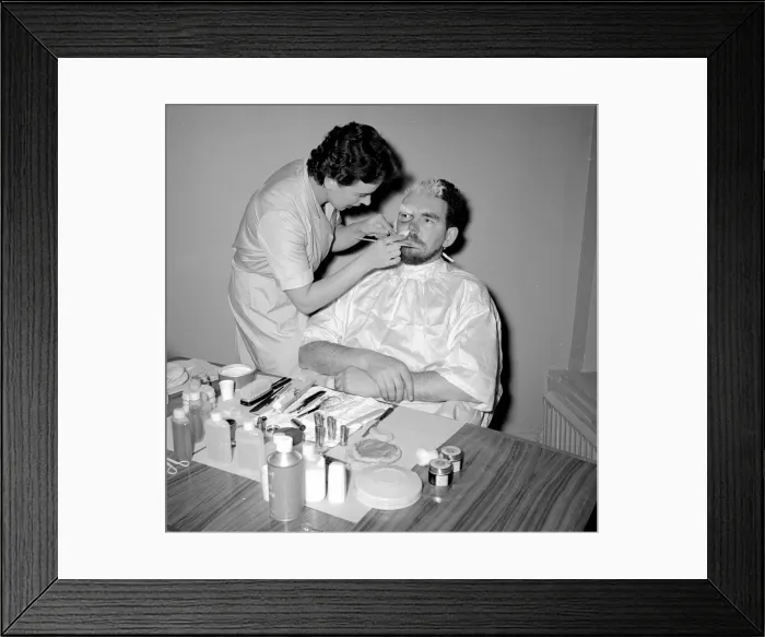 Framed Print : TV Make up artist seen here ageing an actor for a television drama Circa 1957