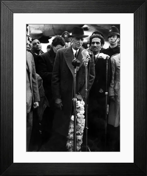 Framed Print : Mohammed Ali Jinnah - President of the Moslim League speaking into the microphone on his Framed Print : Mohammed Ali Jinnah - President of the Moslim League speaking into the microphone on his