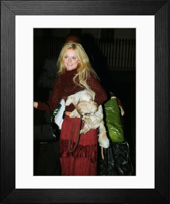 Framed Print : Geri Halliwell singer November 1999 with her dog Harry arrives at the house of Framed Print : Geri Halliwell singer November 1999 with her dog Harry arrives at the house of