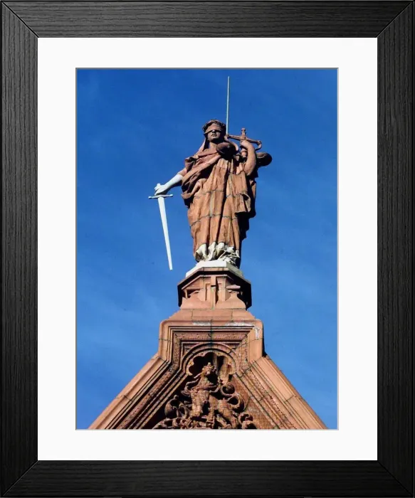 Framed Print : Blindfolded figure of justice on Victoria Law courts