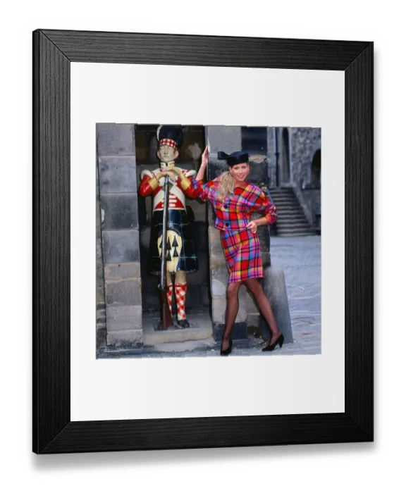 Framed Print : Tartan fashion, 1989 Model wearing pink tartan jacket and skirt suit Framed Print : Tartan fashion, 1989 Model wearing pink tartan jacket and skirt suit