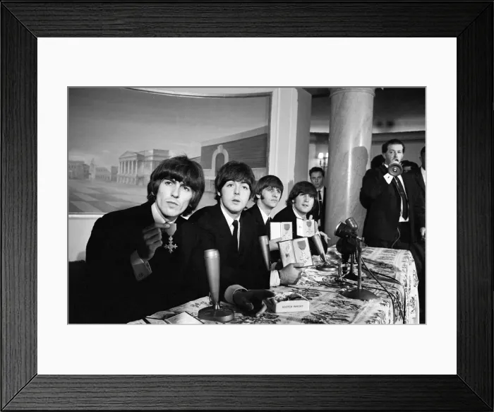 Framed Print : The Beatles pose with their MBEs at a press conference held at the Saville Theatre Framed Print : The Beatles pose with their MBEs at a press conference held at the Saville Theatre