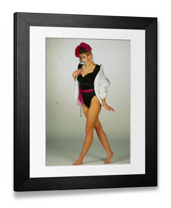 Framed Print : Jacket Fashion model wears white satin jacket over bodysuit, April 1991