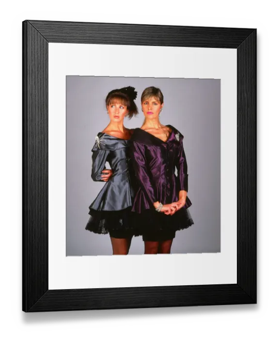 Framed Print : Fashion models - taffetta lace suits dresses October 1988 Two models wearing black