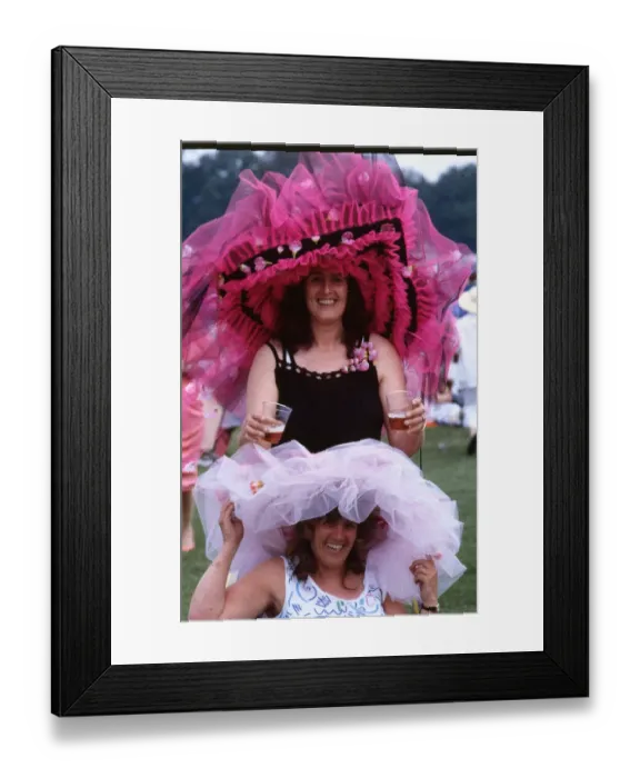 Framed Print : Hat Fashion Elizabeth Bennet and Kathy Smith June 1986 at Royal AScot wearing pink Framed Print : Hat Fashion Elizabeth Bennet and Kathy Smith June 1986 at Royal AScot wearing pink