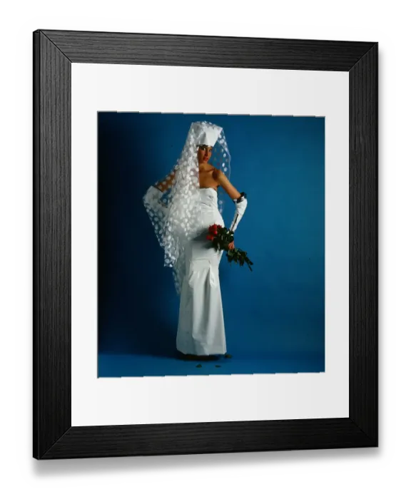 Framed Print : Wedding dress and fashion, June 1986 Model wearing PVC strapless dress