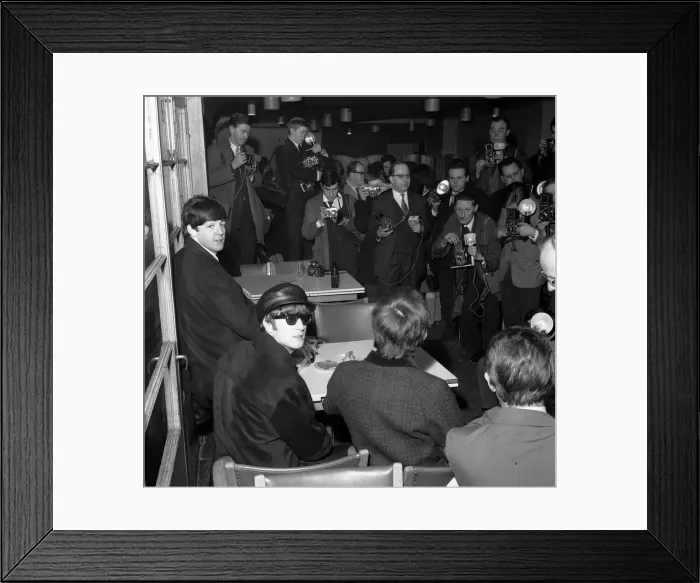 Framed Print : Beatles left to right: Paul McCartney, John Lennon and George Harrison at a press Framed Print : Beatles left to right: Paul McCartney, John Lennon and George Harrison at a press