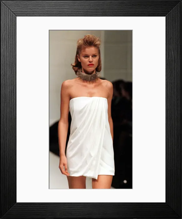 Framed Print : Eva Herzigova at Milan Fashion Week, October 1997 Wearing white Alma tunic Framed Print : Eva Herzigova at Milan Fashion Week, October 1997 Wearing white Alma tunic
