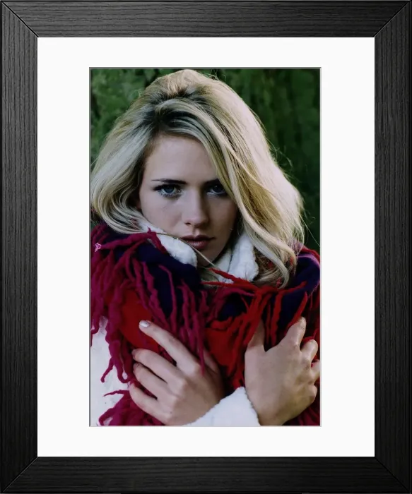 Framed Print : Haute Scot Fashion Blonde model hugging herself wearing red pink Framed Print : Haute Scot Fashion Blonde model hugging herself wearing red pink