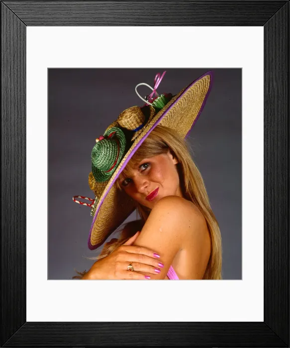 Framed Print : Hat fashion model wears straw hat July 1990 With miniature hats Framed Print : Hat fashion model wears straw hat July 1990 With miniature hats