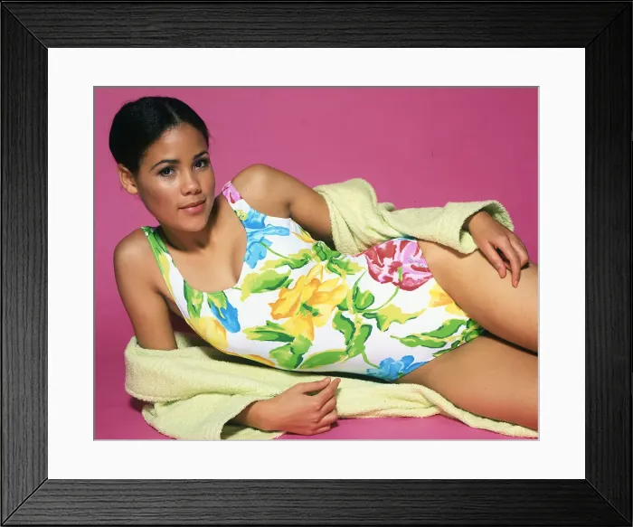 Framed Print : Flower print swimsuit and towelling robe from Marks & Spencer, January 1998 Framed Print : Flower print swimsuit and towelling robe from Marks & Spencer, January 1998