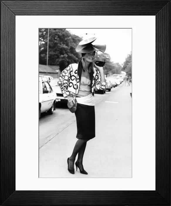 Framed Print : Clare Coathen with aerial dish hat at Royal Ascot in June 1985 Framed Print : Clare Coathen with aerial dish hat at Royal Ascot in June 1985