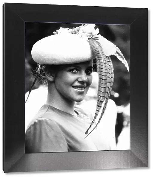Vanessa Davis with feather hat at Royal Ascot in June 1980