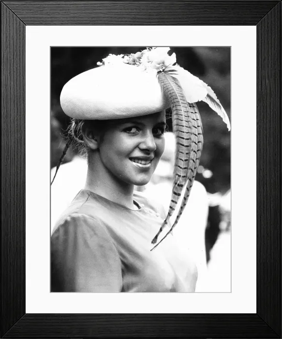 Framed Print : Vanessa Davis with feather hat at Royal Ascot in June 1980 Framed Print : Vanessa Davis with feather hat at Royal Ascot in June 1980