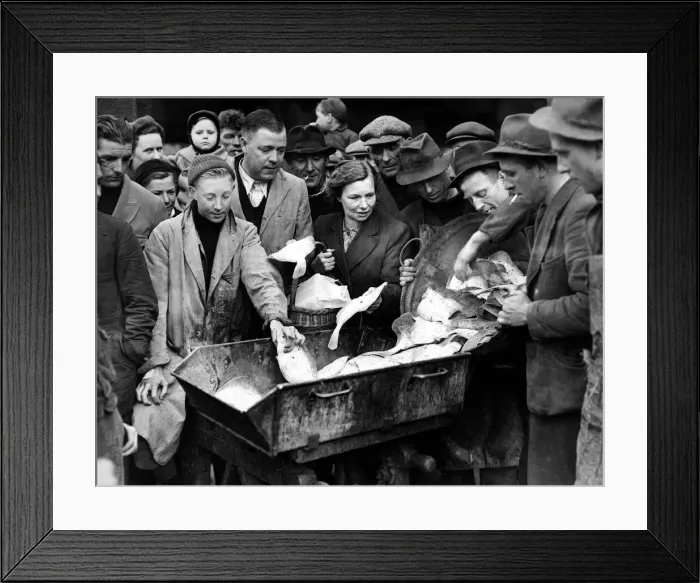 Framed Print : People help themselves to fish at the market, March 1946. Location Unknown Framed Print : People help themselves to fish at the market, March 1946. Location Unknown