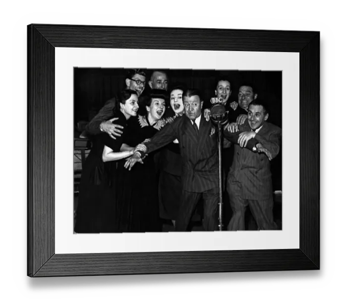 Framed Print : Tommy Handley centre holds back l to r Joan Harben, Derek Guyler Unknown male Framed Print : Tommy Handley centre holds back l to r Joan Harben, Derek Guyler Unknown male