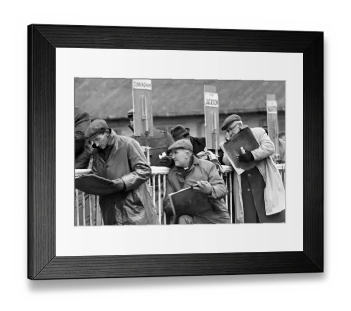 Framed Print : Bookmakers during the race at Leopardstown in Ireland March 1967 Framed Print : Bookmakers during the race at Leopardstown in Ireland March 1967