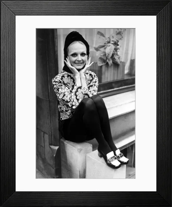 Framed Print : Hannerle Dehn in a Clive'outfit in black and white brocade tunic with black Framed Print : Hannerle Dehn in a Clive'outfit in black and white brocade tunic with black