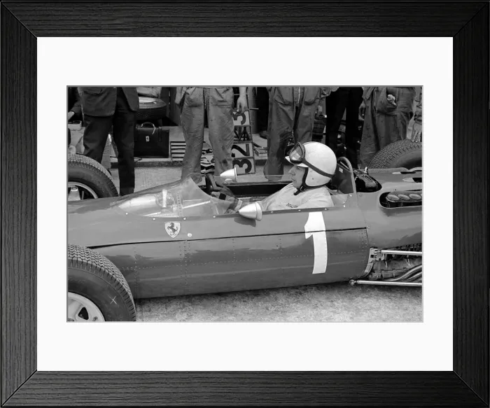 Framed Print : British Grand Prix 1965-John Surtees sits in his Ferrari. July 1965 Framed Print : British Grand Prix 1965-John Surtees sits in his Ferrari. July 1965