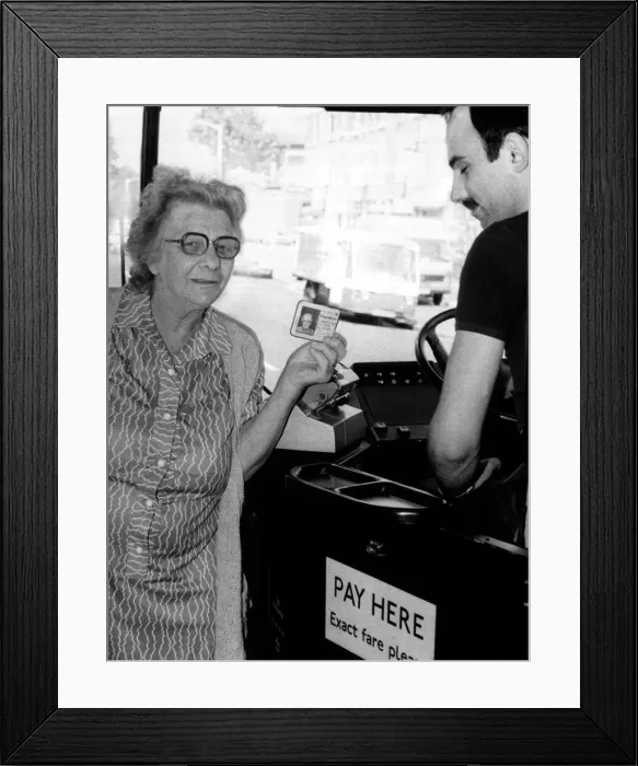 Framed Print : Old People - Travelling on the Bus using her bus pass, 12th August 1984 Framed Print : Old People - Travelling on the Bus using her bus pass, 12th August 1984