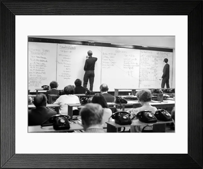 Framed Print : The results of the racing at Saint Cloud in Paris are marked on the board at Ladbrokes Framed Print : The results of the racing at Saint Cloud in Paris are marked on the board at Ladbrokes