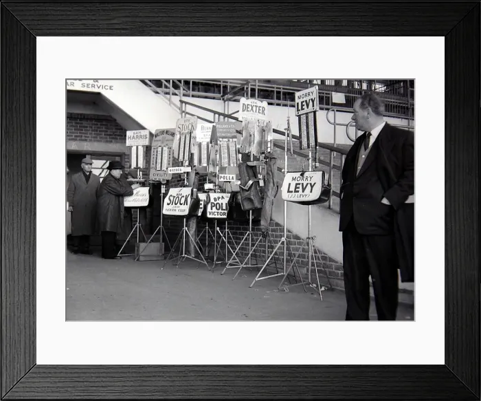 Framed Print : Bookmakers beside the main stand after bets were placed for the race March 1963 Framed Print : Bookmakers beside the main stand after bets were placed for the race March 1963