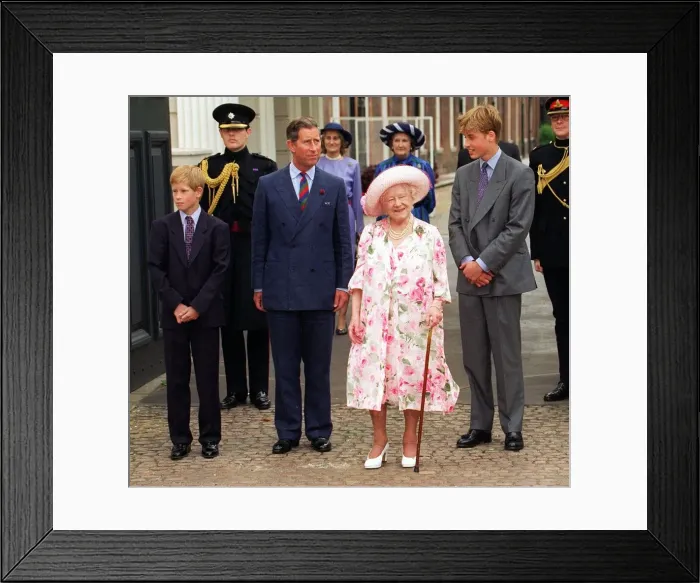 Framed Print : The Queen Mother celebrates 97th birthday August 1997 at Clarence House with Prince Framed Print : The Queen Mother celebrates 97th birthday August 1997 at Clarence House with Prince
