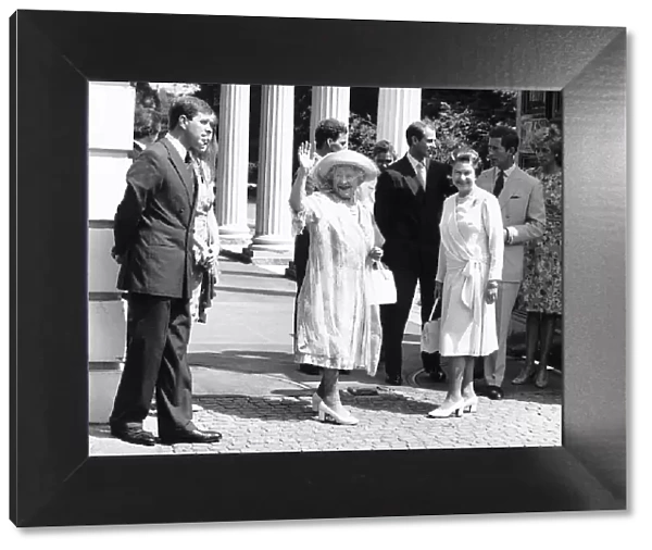 The Royal Family standing outside Clarence House on the 89th Birthday of the Queen Mother