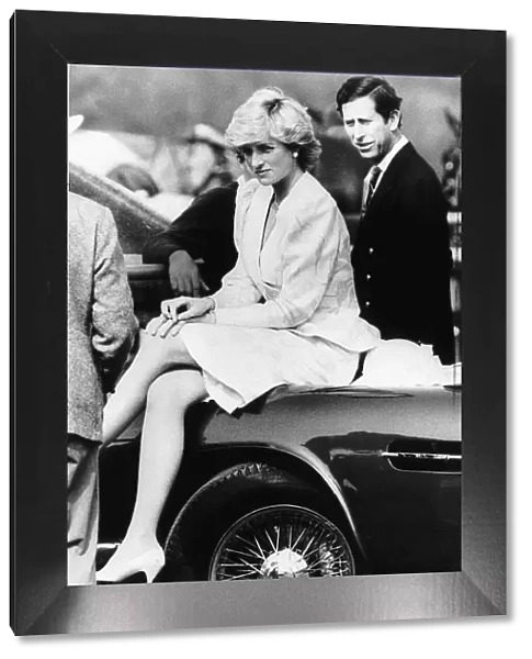 Princess Diana sitting on the bonnet of Prince Charles cherished J reg Aston Martin car