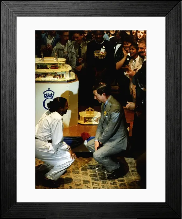 Framed Print : HRH Prince Charles and member of the crowd looking at a birthday cake in Birmingham Framed Print : HRH Prince Charles and member of the crowd looking at a birthday cake in Birmingham