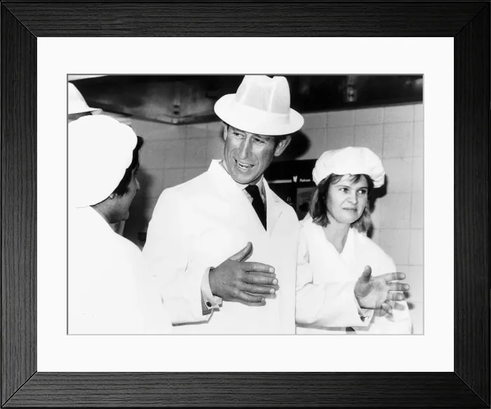 Framed Print : Prince Charles opens a business training centre in white overalls and hat May 1988 Framed Print : Prince Charles opens a business training centre in white overalls and hat May 1988
